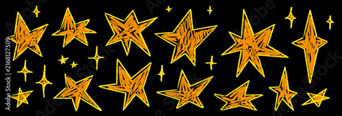 Golden star set in crayon and chalk on black. Hand drawn star shapes, crayon shading, chalk texture, asterisk twinkle, sparkle and firework burst at night.