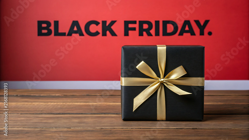 Black Friday gift box with gold bow on wooden floor for holiday shopping sale promotion