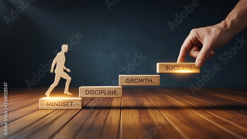 A hand placing a wooden block labeled success on of a staircase made of blocks labeled mindset, discipline, and growth with a silhouette