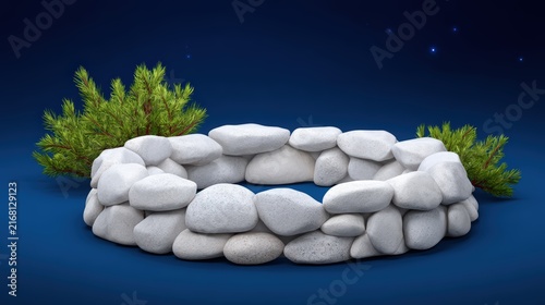Zen meditation stone circle with pine branches on blue background