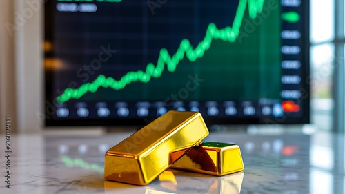 Gold bars positioned in front of a rising financial market chart