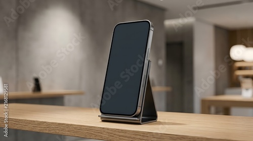 Smartphone mounted in display cradle on clean shelf in soft spotlight