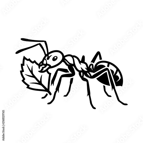 Black and white ant carrying a leaf illustration.