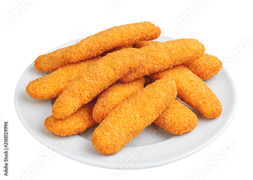 Obraz na plátne Fish fingers sticks on a white plate, isolated on white background