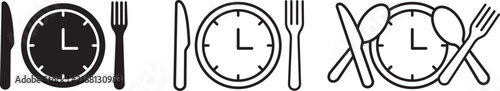 Meal time restaurant vector icon set, clock plate fork knife spoon symbol collection, lunch break dining schedule badge, black solid filled and line outline UI buttons, food delivery service web