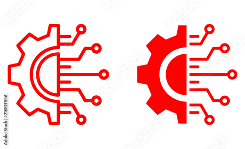 Technology gear PNG icon set with outline and solid digital circuit symbols for innovation automation engineering and smart technology