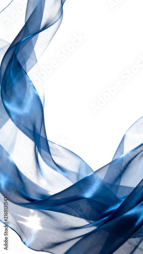 Blue silk fabric flowing and waving on white background