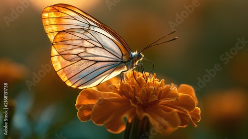 Glowing marigold holds butterfly with translucent wings in perfect stillness, warm sunset light, delicate serene garden moment