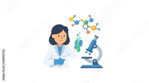 Female scientist with microscope and chemical research tools.
