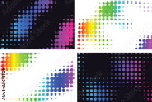 Four rectangular backgrounds featuring rainbow halftone dot patterns on black and white surfaces