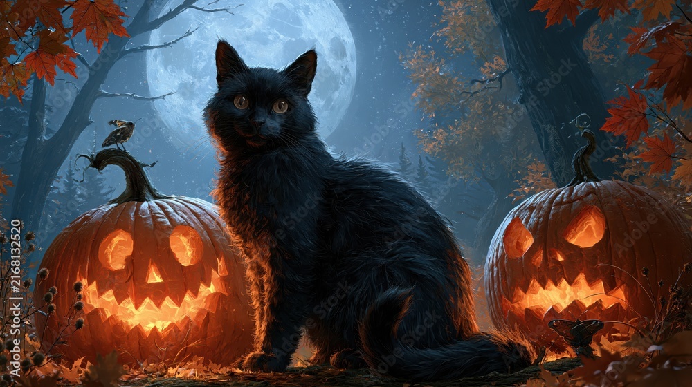Fototapeta premium Black cat sits with carved pumpkins during a spooky autumn night with a full moon