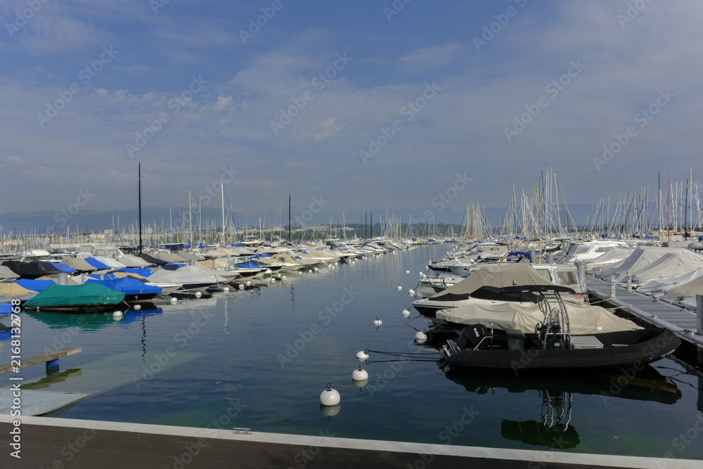 Fototapeta premium Covered with tarps, the yachts in the Geneva marina line the pier in soft light, their tall masts rising over the still lake. 