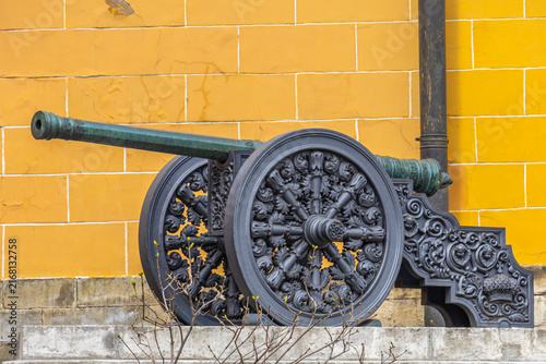A bronze cannon cast in the 16th century. An ancient weapon installed on the territory of the Moscow Kremlin. An ancient artillery piece.