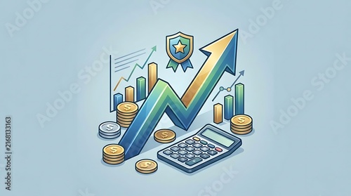 Financial growth chart with coins and calculator.