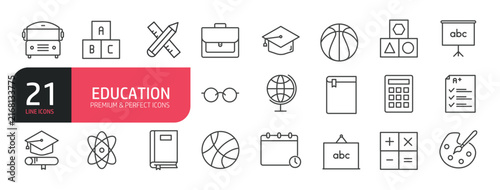 Set of line icons related to education. Outline icons collection. Editable stroke. Vector illustration
