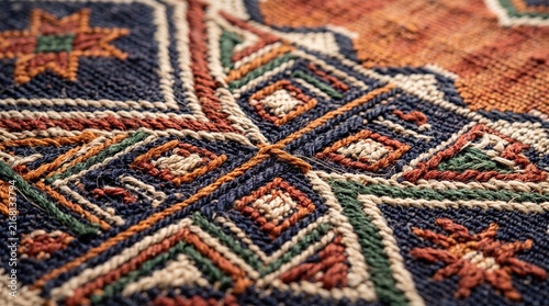 Intricate geometric patterns in a richly textured woven textile with earthy tones
