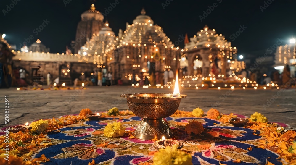 Fototapeta premium Illuminated diwali temple at night with traditional oil lamp and rangoli flower arrangement