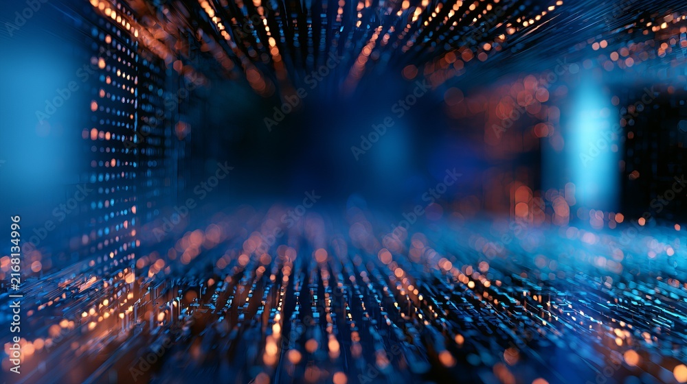 Fototapeta premium Abstract tunnel formed by brilliant blue and orange light streaks, representing digital flow and future technology, concept for innovation and connectivity