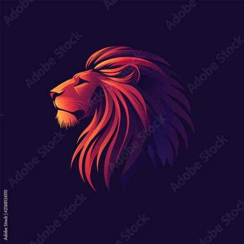 Stylized red and orange lion head with flowing mane, dramatic gradients, and bold lines isolated against a deep purple background.