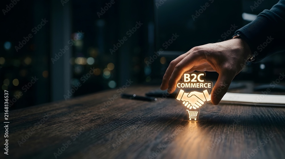 Obraz premium Hand holding glowing business commerce icon on wooden desk in dark office