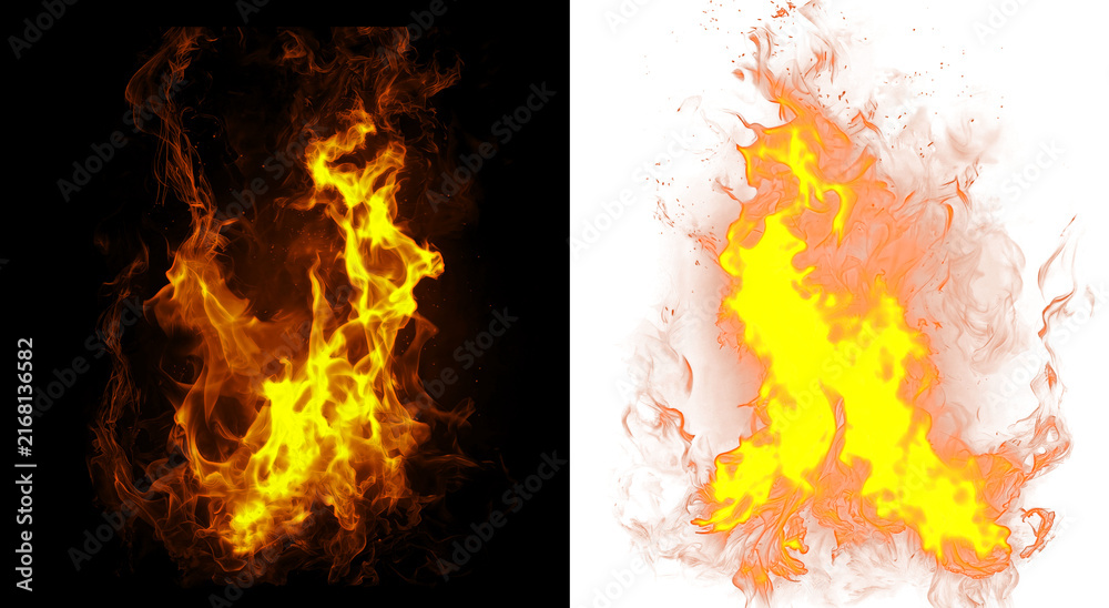 Fototapeta premium Fiery orange flame isolate with burning embers on black background and transparency for design elements like visual effects video compositing.