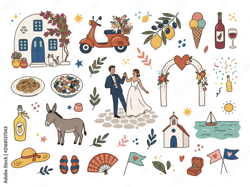 Naklejka premium Whimsical, hand‑drawn summer illustrations in a trendy style, perfect doodles for quirky Italian‑Greek wedding posters, dinner and bar menus, bachelorette parties, birthday invitations, and signs