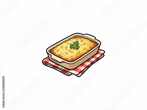 Illustration of a golden-brown baked casserole in a ceramic dish with a sprig of parsley, resting on a red and white checkered napkin
