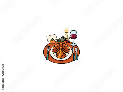 Thanksgiving dinner table setting with a roasted turkey, wine glass, candle, and pumpkin, cartoon illustration on white background