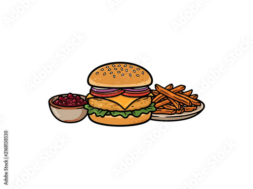 Cartoon illustration of a juicy cheeseburger with a side of crispy french fries and a bowl of dipping sauce on a white background