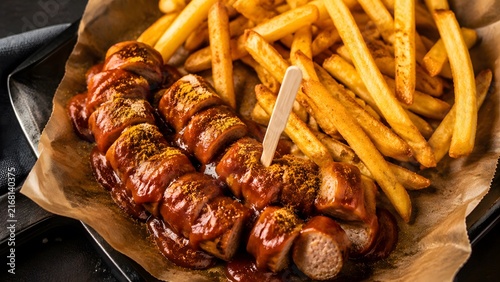 Traditional German currywurst with golden french fries, sliced bratwurst sausage with spicy tomato sauce, rustic street food meal on paper