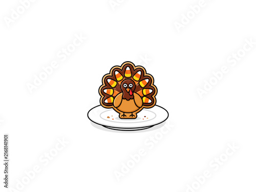 Cute cartoon turkey cookie illustration served on a white plate, adorned with colorful candy corn tail feathers, isolated on a white background