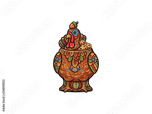 Colorful cartoon turkey cookie jar filled with cookies, featuring decorative feathers and a cheerful expression, isolated on a white background