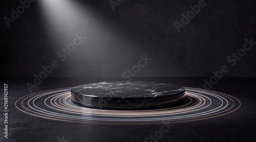 Circular Black Podium Display Stand with Overhead Spotlight in Dark Studio