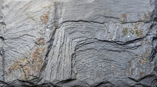 Layered sedimentary rock formation displaying complex geologic stratification patterns in monochromatic grey stone texture