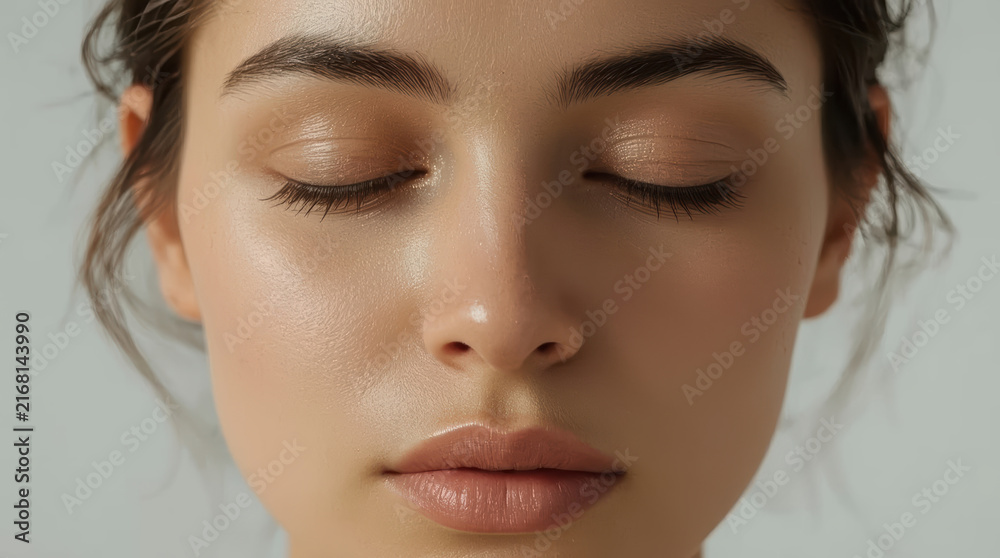 Fototapeta premium Calm meditating woman face closeup with natural beauty and soft skin