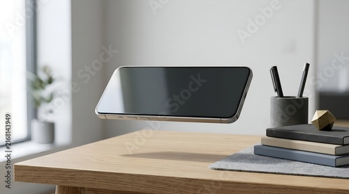 Floating Smartphone with Blank Screen over Modern Desk in Studio Light