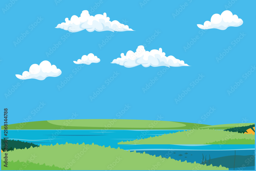 Fototapeta premium Peaceful green countryside landscape with a blue lake, clear sky, and fluffy clouds.Blue sky concept. Colored flat graphic vector ilustration isolated