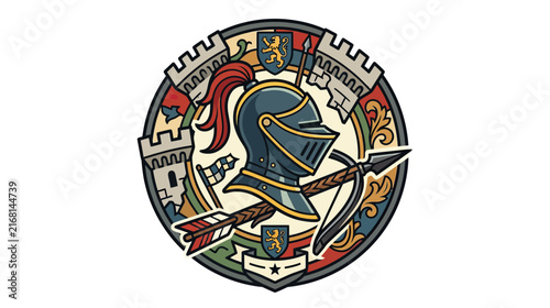Canvas Print Medieval Knight Helmet Emblem with Crossbow and Arrow