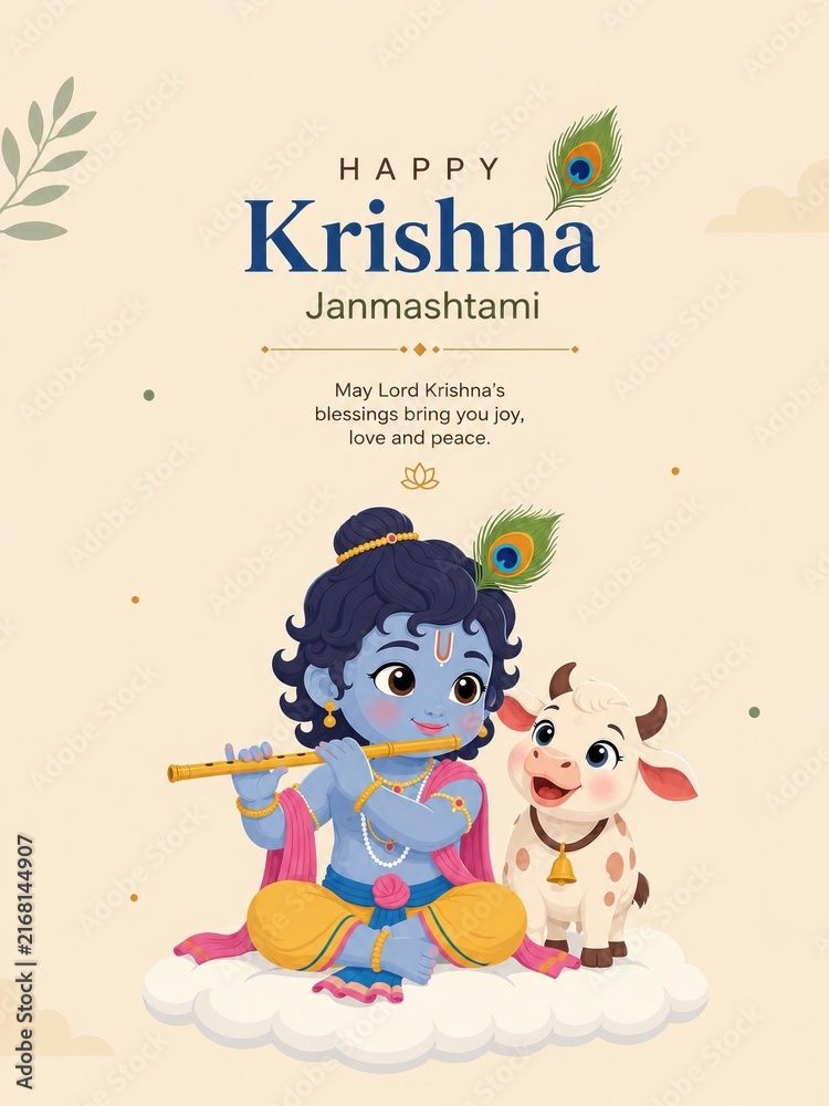 Fototapeta premium Creative Janmashtami social media post with cute Krishna playing flute and baby cow
