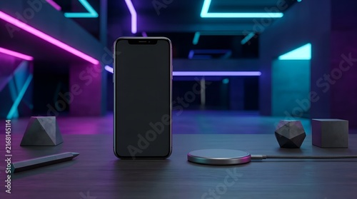 Compact Smartphone and Wireless Charger on Modern Desk with Neon Lighting