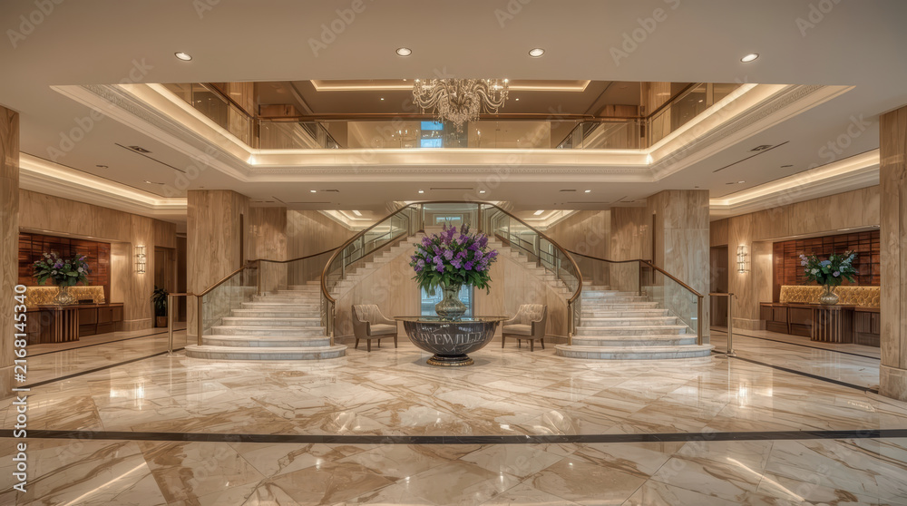 Naklejka premium Elegant hotel lobby with marble floor and grand staircase
