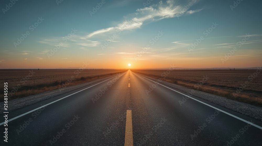 Naklejka premium Endless road toward glowing horizon beneath clear sunset sky
