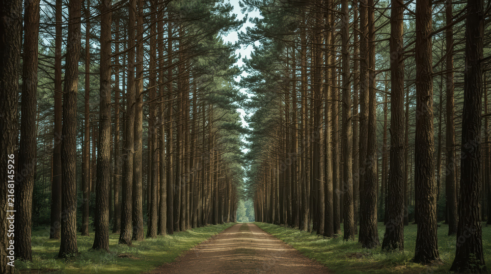 Obraz premium Forest pathway lined with tall pine tree creating serene woodland corridor