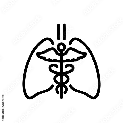 Caduceus symbol with lungs black line icon on white background