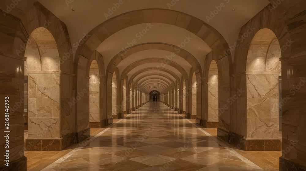 Fototapeta premium Hotel corridor with repeating archway and polished marble floor creates elegant symmetry