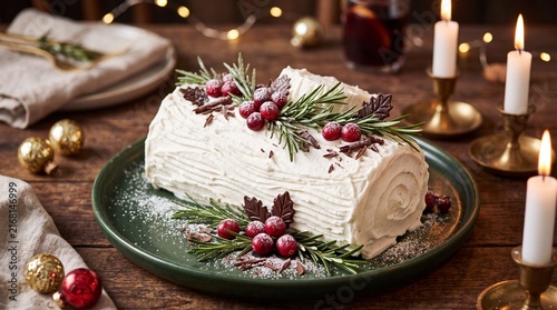 Traditional Christmas Yule Log Cake Decorated with Berries and Rosemary