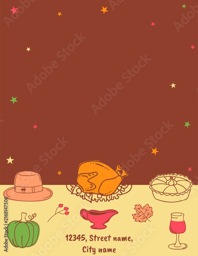 Thanksgiving Poster Template with Turkey, Pumpkin, Pie, Food and Drinks