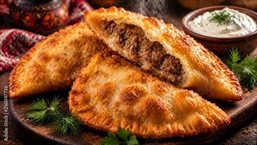 Traditional chebureki with meat filling, golden fried empanadas on wooden board, savory deep fried meat pies with sour cream sauce