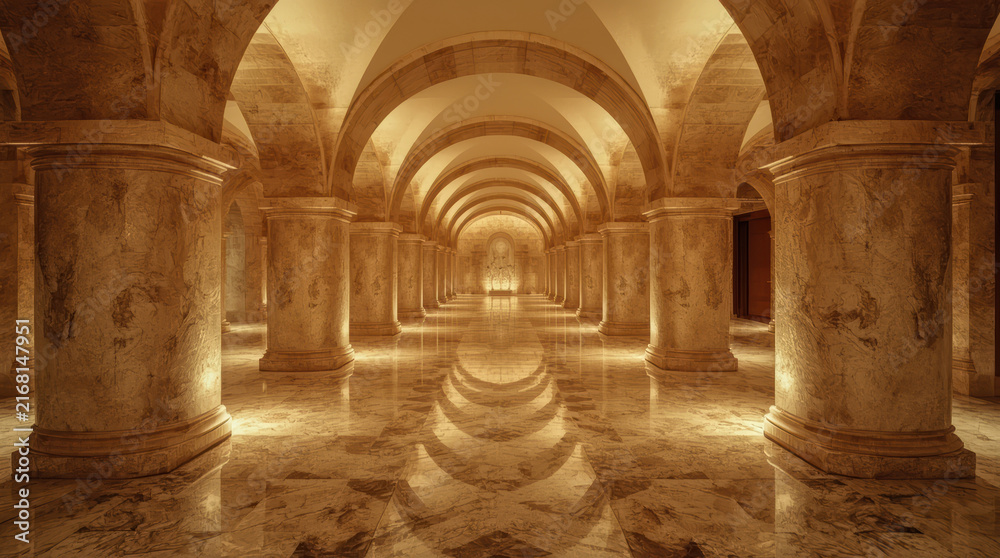 Fototapeta premium Grand marble hallway with arches and warm light creating reflective luxury interior