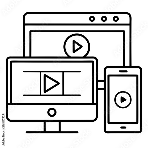 Multiple devices displaying video content streaming online with play buttons
